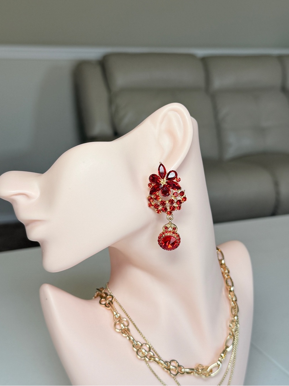 Gold-Tone Red Crystal Floral Drop Earrings - Women Jewelry